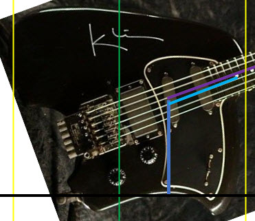 a Black Klein guitar showing the ergonomic measurements while standing and playing seated in the folk position