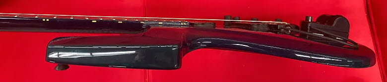 Side view of Parker Fly guitar showing how thin the body is.