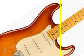 Shows a vertical straight line that passes through the front strap button and neck plate when a Stratocaster-type guitar is tilted at 35 degrees