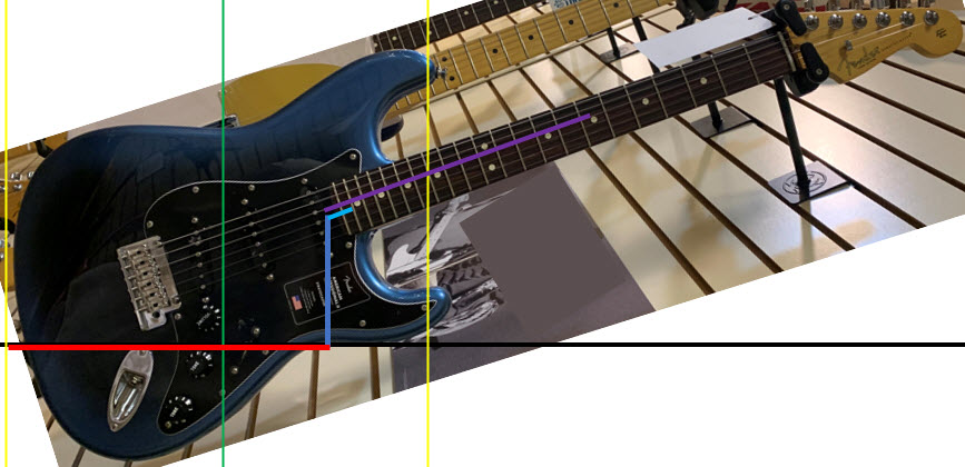 Shows ergonomic measurements for a Stratocaster guitar played while sitting or standing